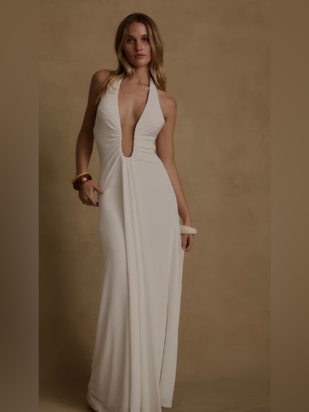 12th Tribe White Deep V Halter Backless Maxi Dress - Picture 2 of 3